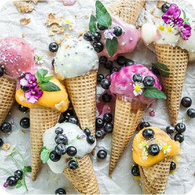 Many ice-creams in cones